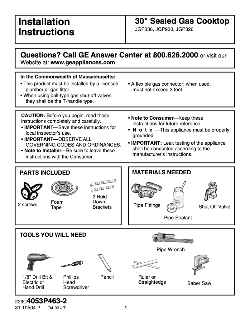 Page 1 of the manual Installation Guide GE JGP336WEDWW