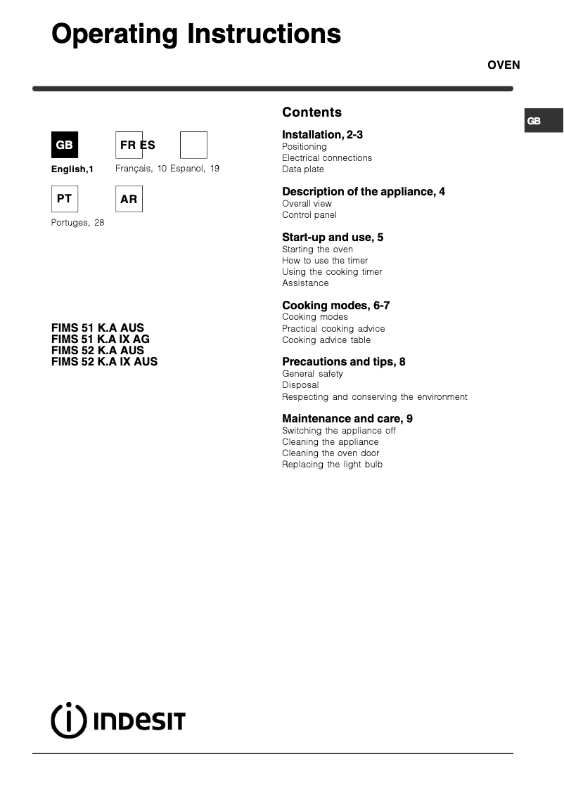 Page 1 de la notice Manuel utilisateur Indesit FIMS 51 K.A (WH) AUS