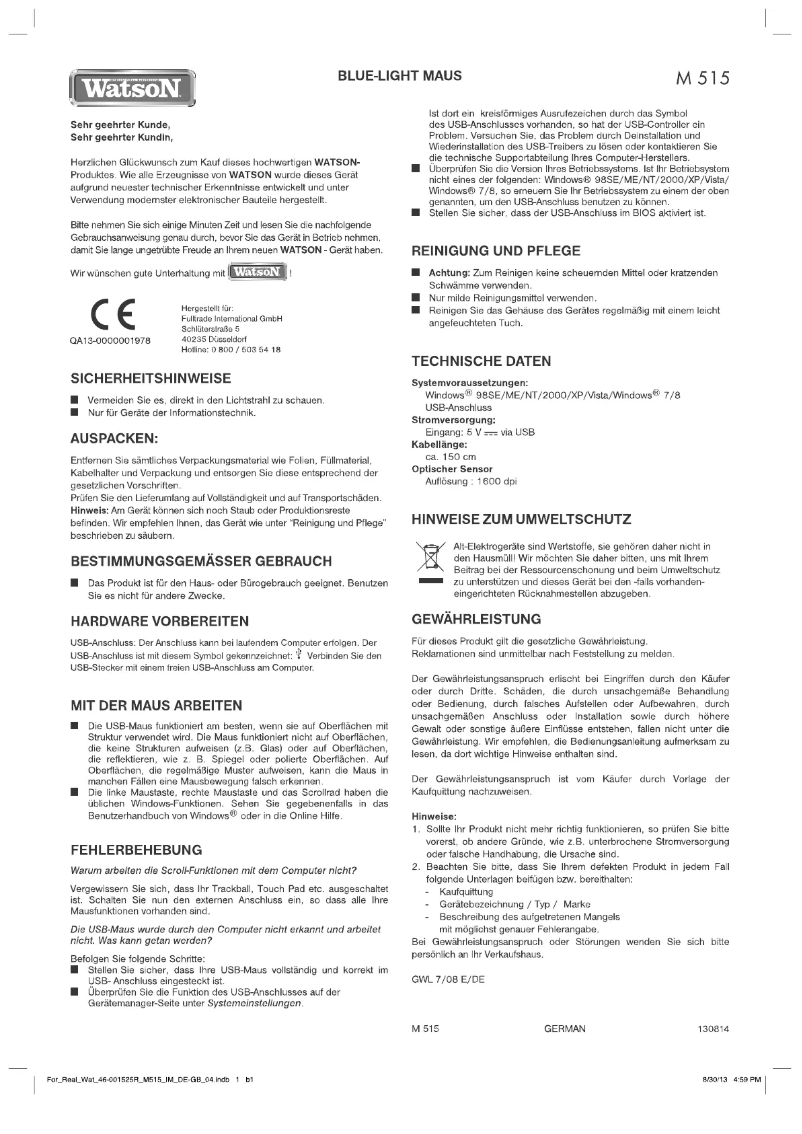Page n°1 - Manuel utilisateur Watson M 515