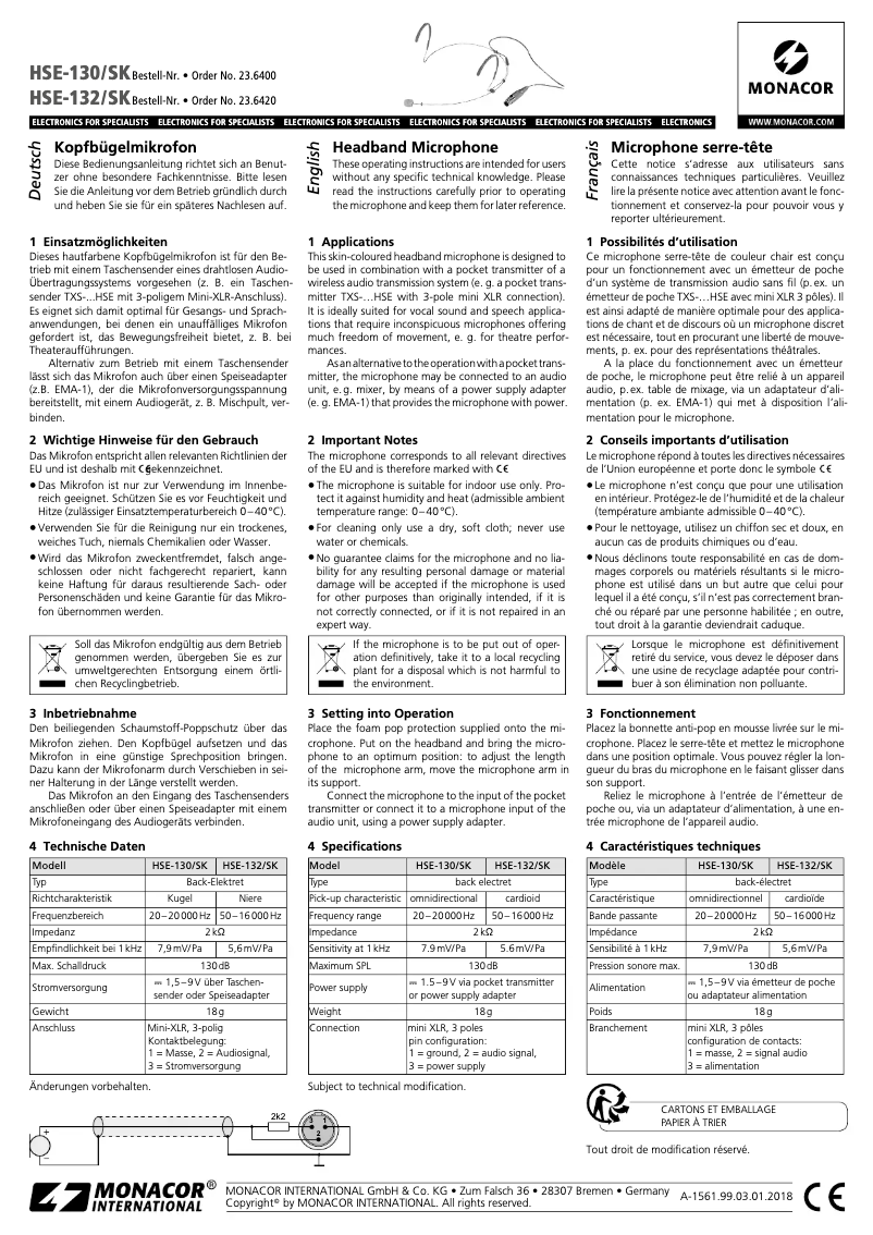Page n°1 - Manuel utilisateur Monacor HSE-130/SK
