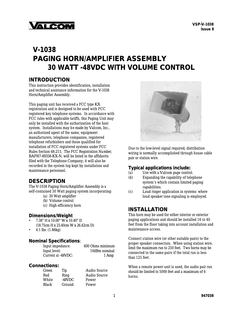 Page n°1 - Manuel utilisateur Valcom V-1038