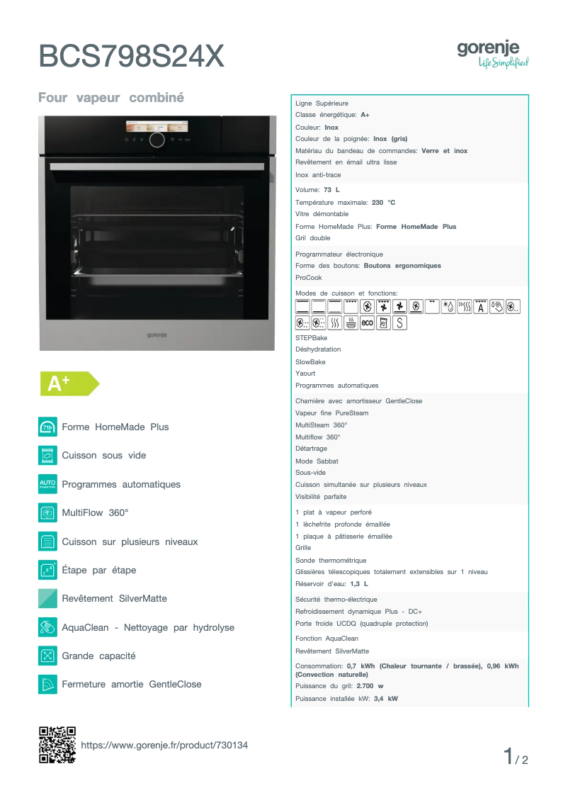 Page 1 de la notice Fiche technique Gorenje BCS798S24X