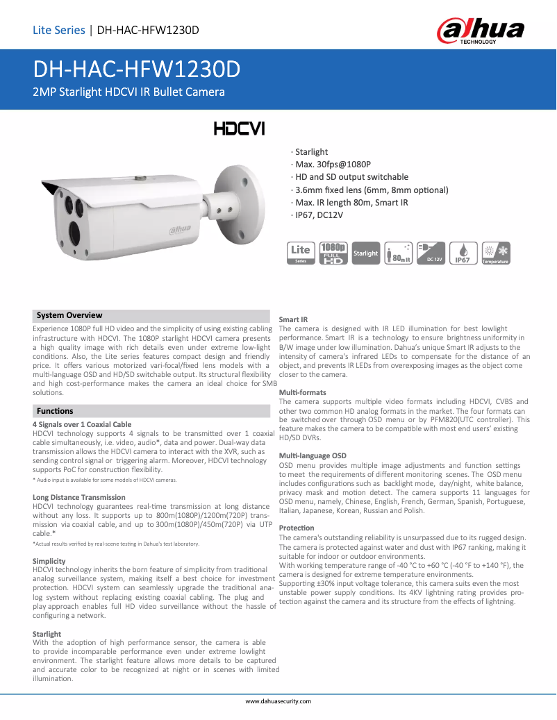Page 1 de la notice Fiche technique Dahua Technology HAC-HFW1230D