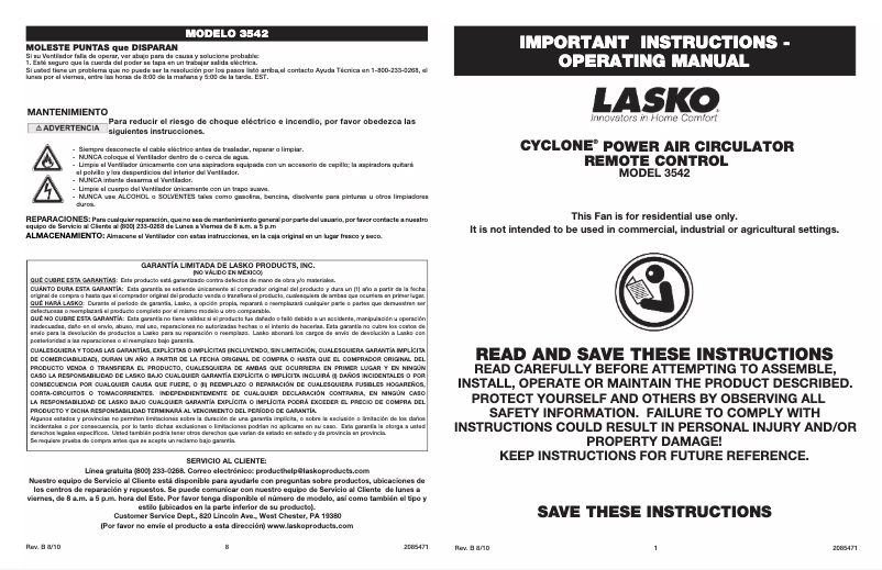 Page 1 de la notice Manuel utilisateur Lasko Cyclone 3542