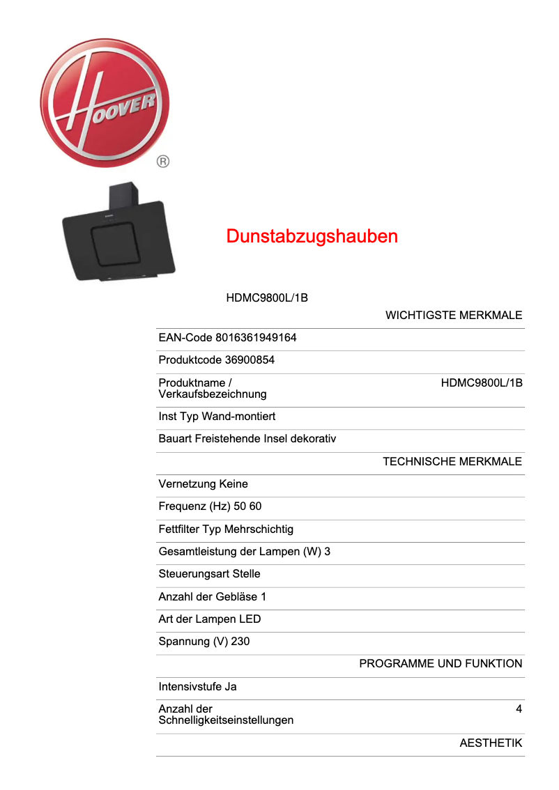 Page n°1 - Fiche technique Hoover HDMC9800L/1B