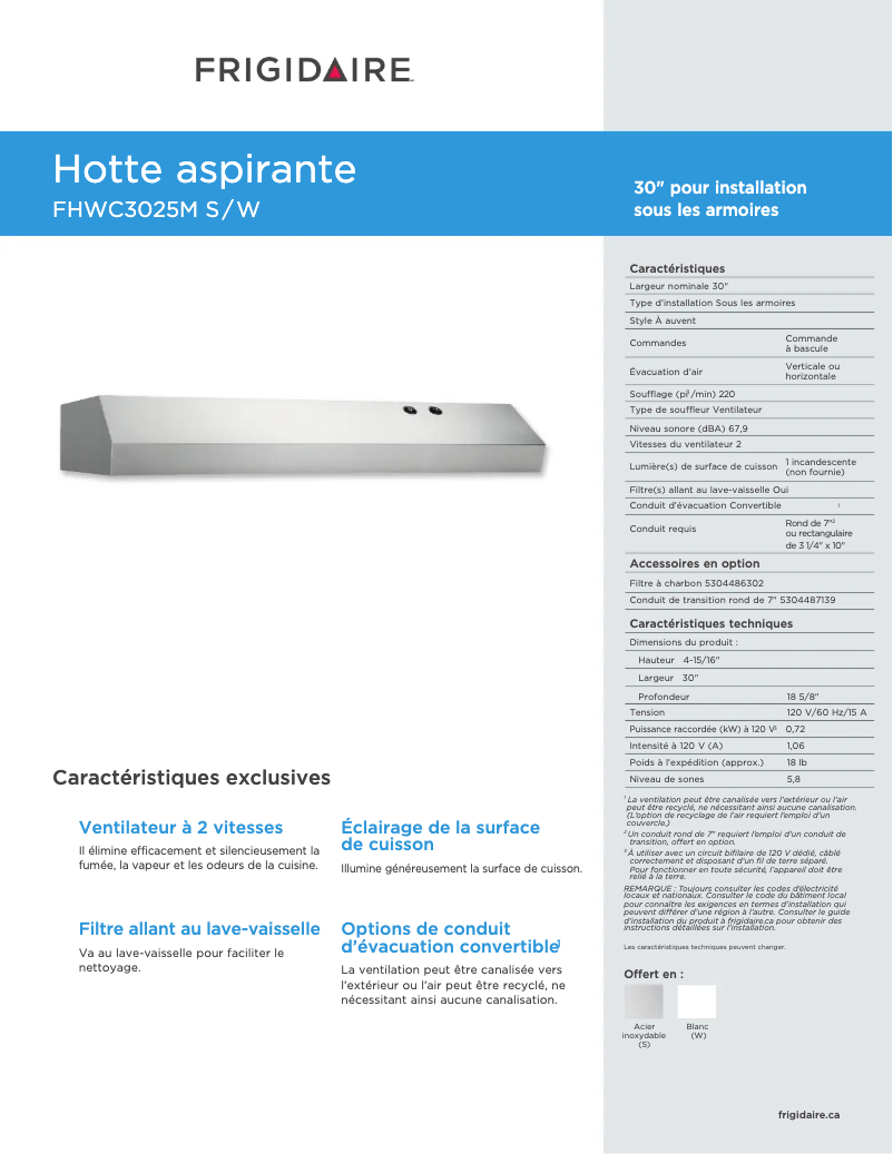 Page n°1 - Fiche technique Frigidaire FHWC3025MW