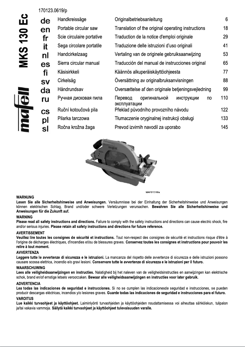 Page n°1 - Manuel utilisateur Mafell MKS 130 Ec