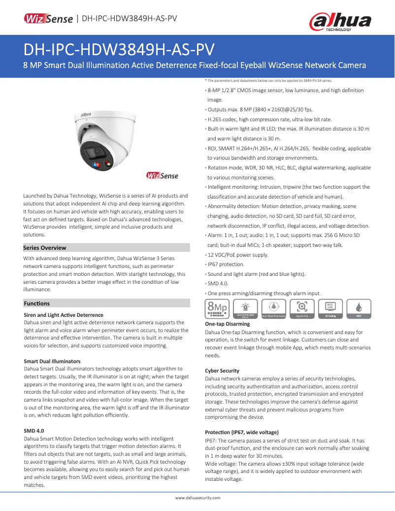 Page 1 de la notice Fiche technique Dahua Technology IPC-HDW3849H-AS-PV