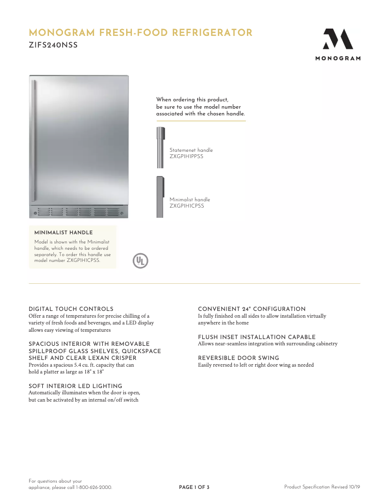 Page 1 de la notice Fiche technique Monogram ZIFS240NSS
