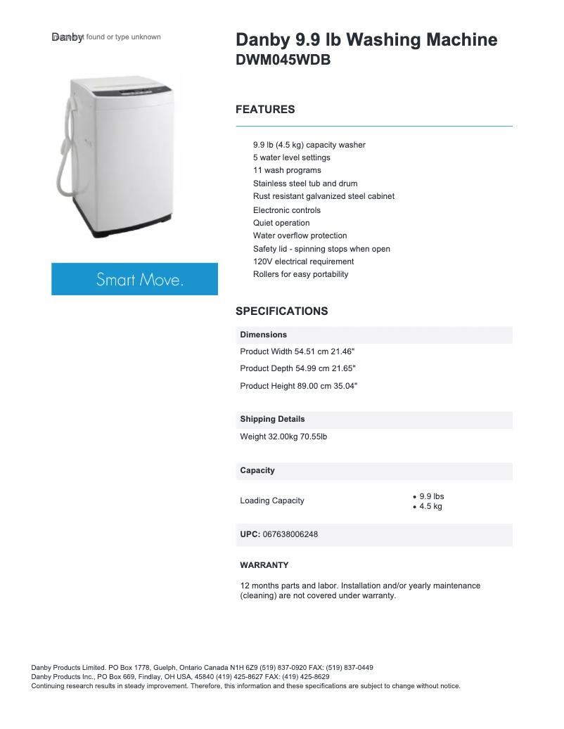 Page 1 de la notice Fiche technique Danby DWM045DB