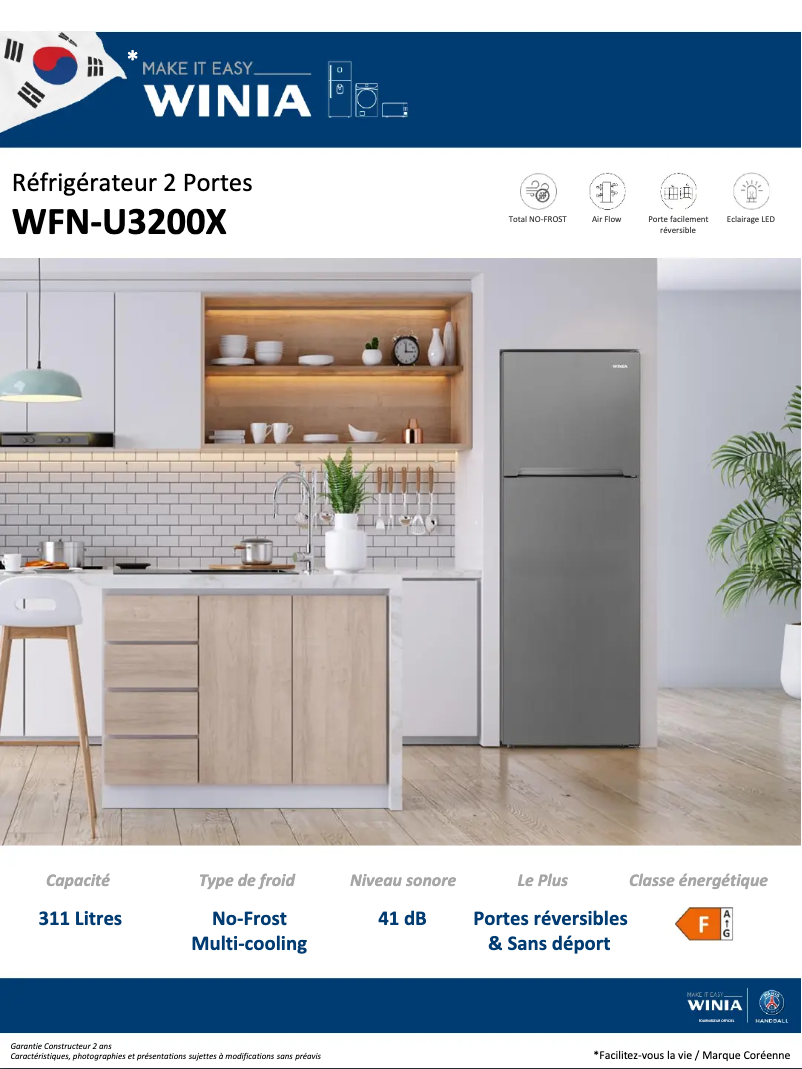 Page 1 de la notice Fiche technique Winia WFN-U3200X