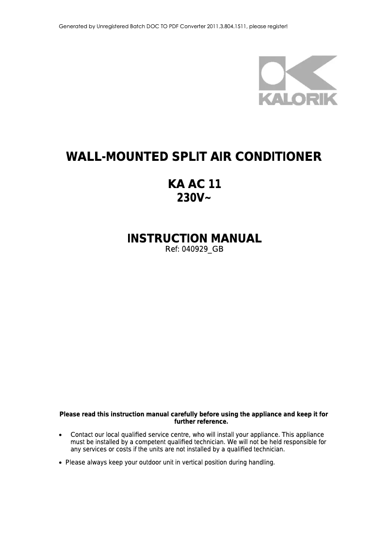 Page n°1 - Manuel utilisateur Kalorik KA AC 11