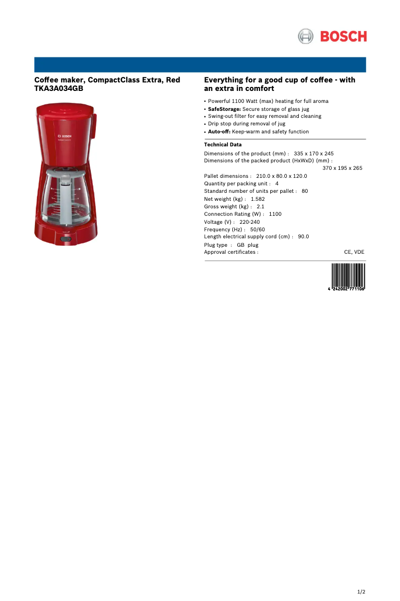 Page 1 de la notice Fiche technique Bosch TKA3A034GB