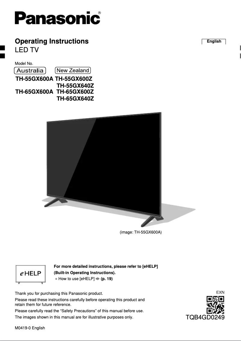 Page 1 de la notice Manuel utilisateur Panasonic TH-55GX600A