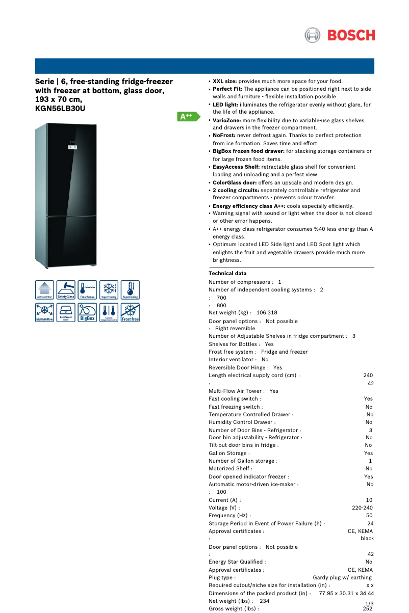 Page 1 of the manual Technical Sheet Bosch KGN56LB30U