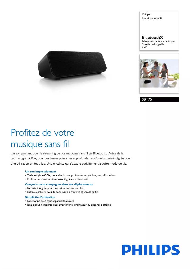 Page 1 de la notice Fiche technique Philips SBT75
