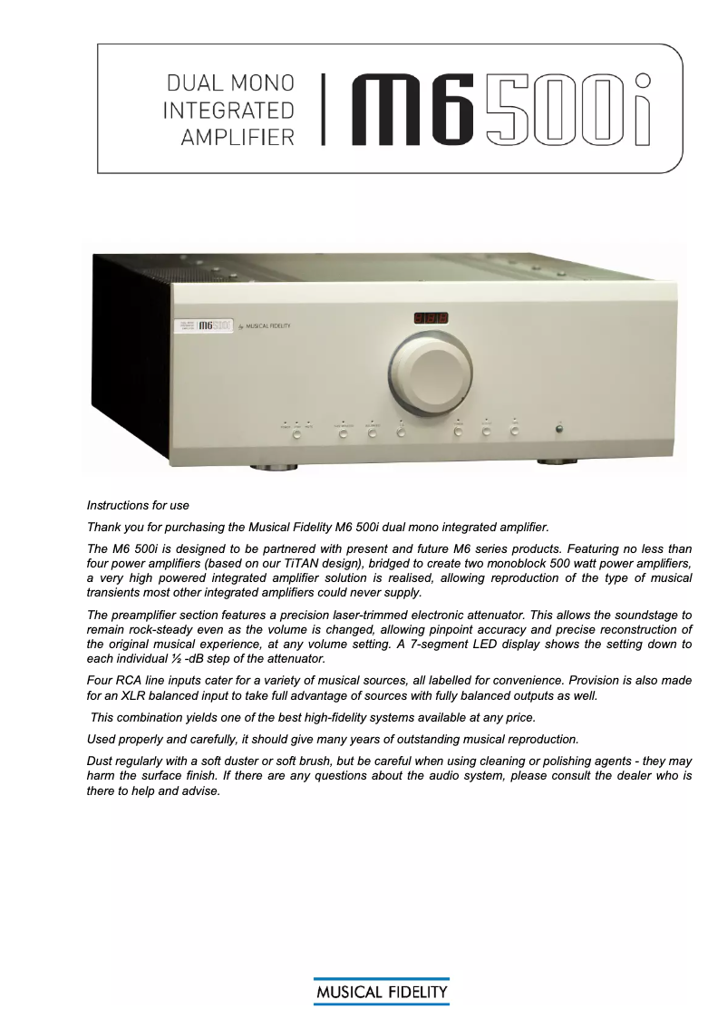 Page n°1 - Manuel utilisateur Musical Fidelity M6 500i