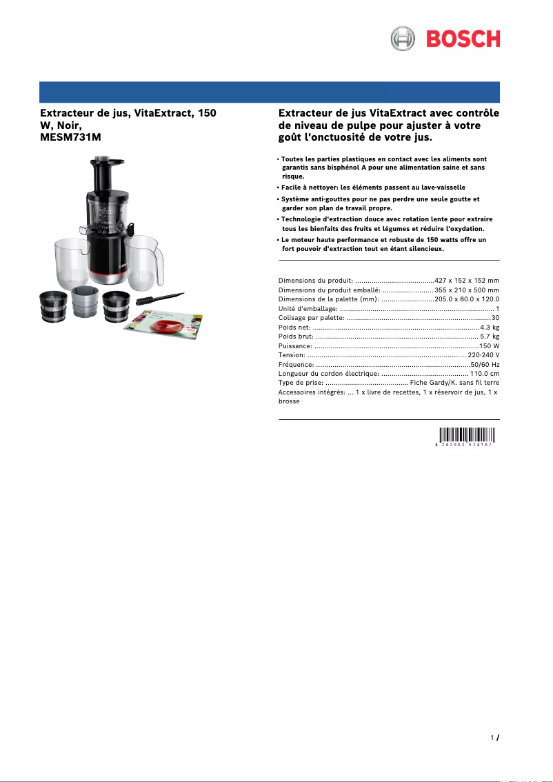 Page n°1 - Fiche technique Bosch VitaExtract MESM731M