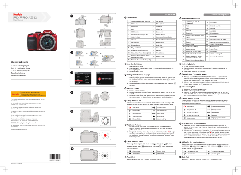 Page 1 de la notice Guide de démarrage rapide Kodak PIXPRO AZ362
