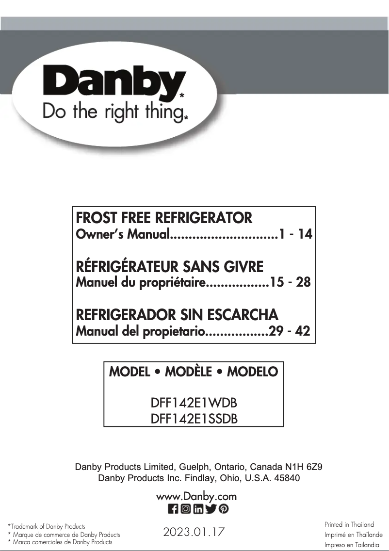 Page 1 de la notice Manuel utilisateur Danby DFF142E1WDB