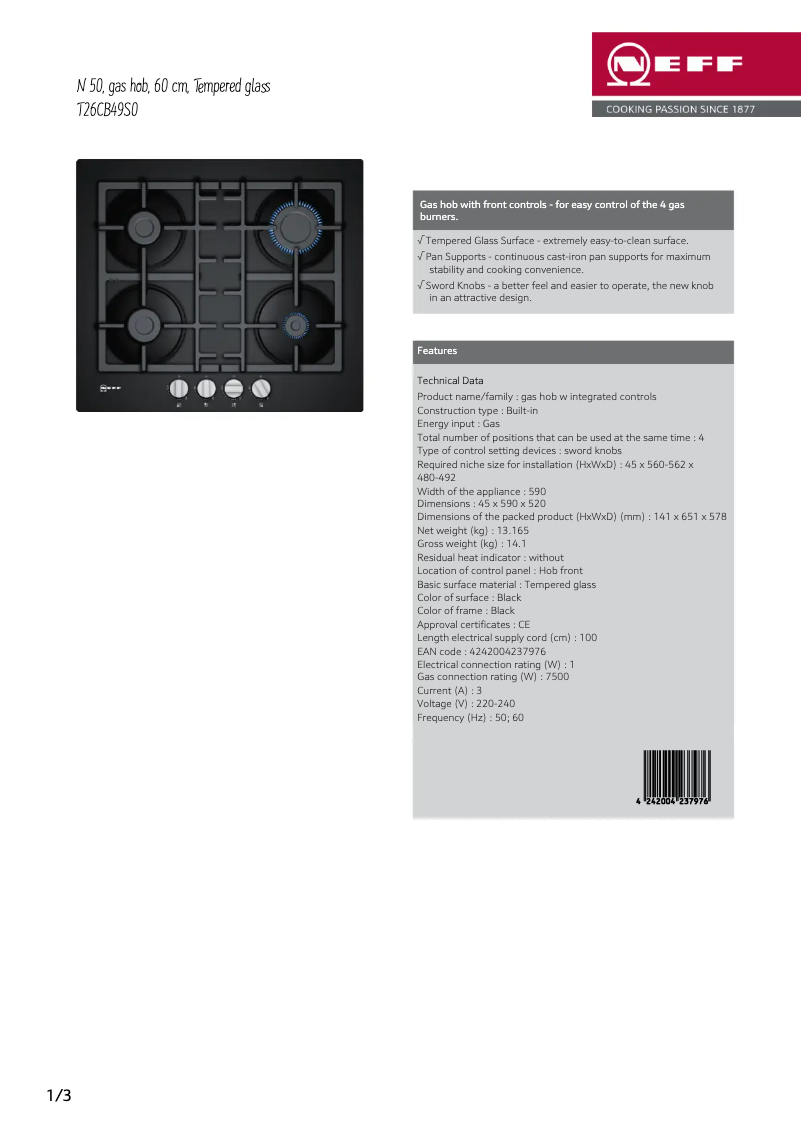 Página 1 del manual Ficha técnica Neff T26CB49S0