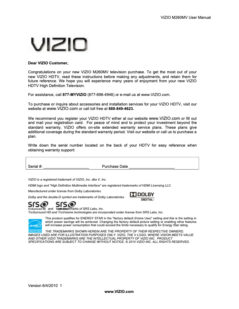 Page 1 de la notice Manuel utilisateur VIZIO M260MV