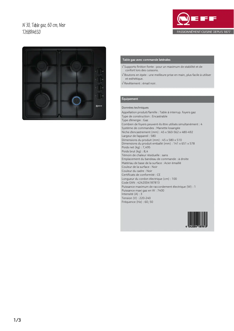 Page 1 de la notice Fiche technique Neff T26BR46S0