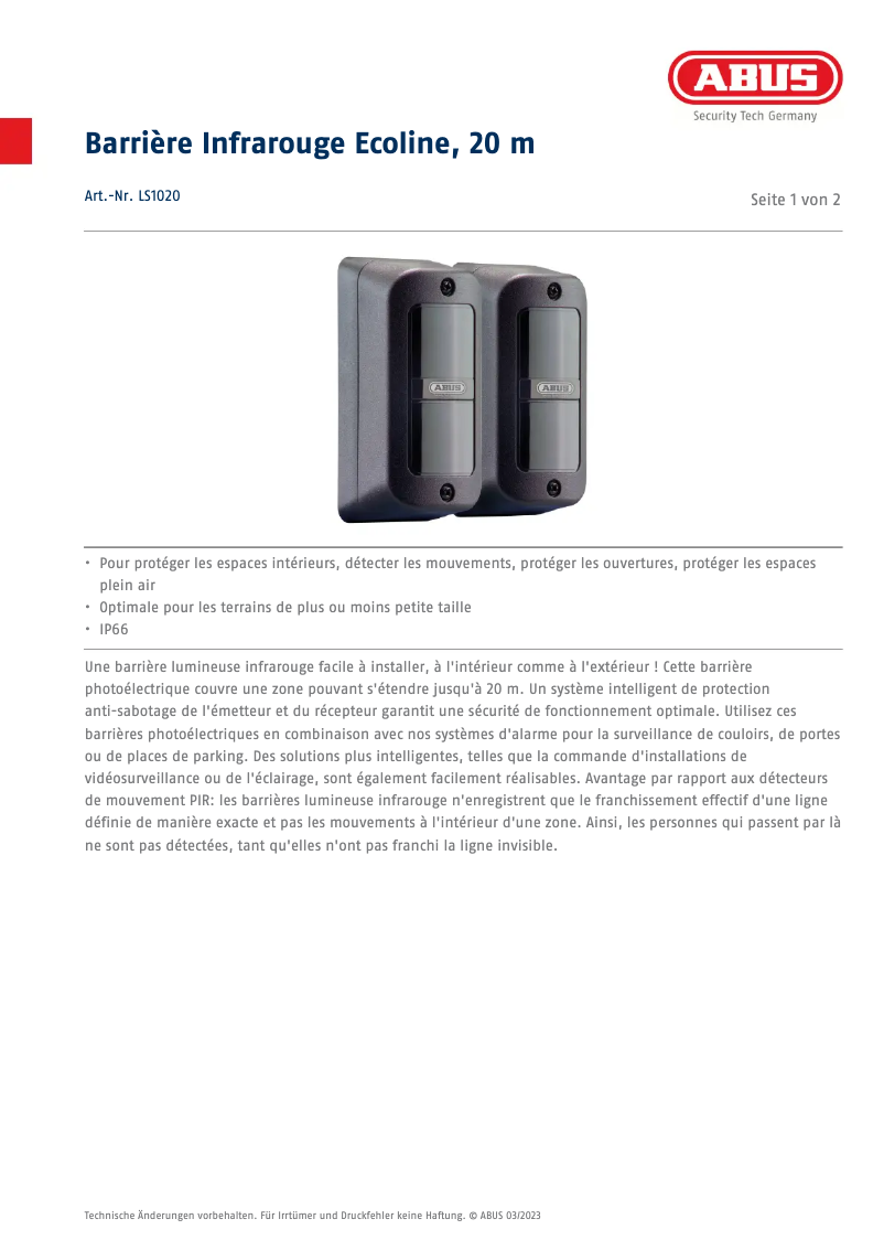 Page n°1 - Fiche technique Abus LS1020