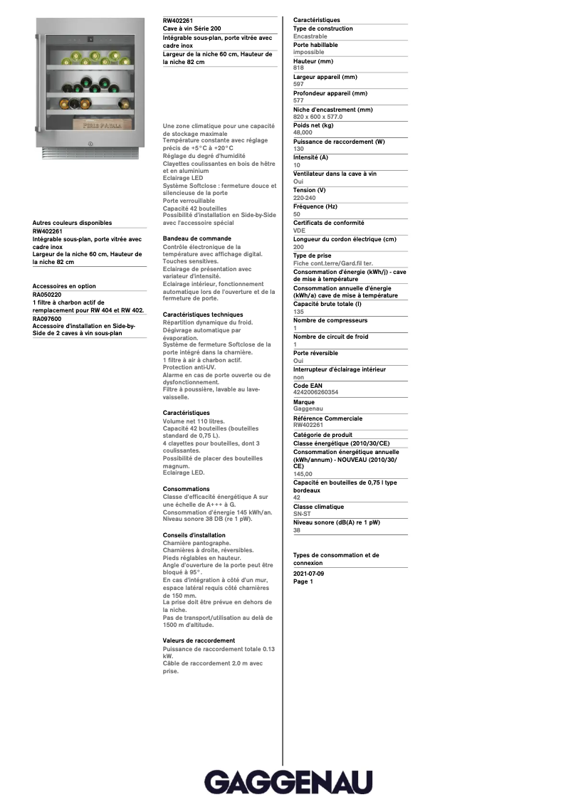 Page 1 de la notice Fiche technique Gaggenau RW402261