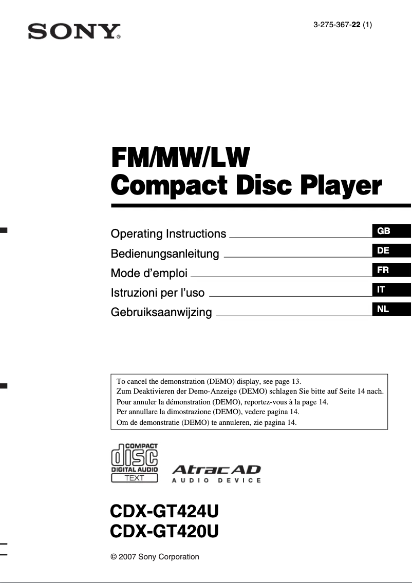Page 1 de la notice Manuel utilisateur Sony CDX-GT420
