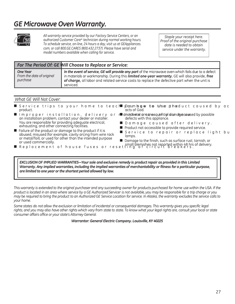 Page n°1 - Informations de garantie GE JNM7196FLDS