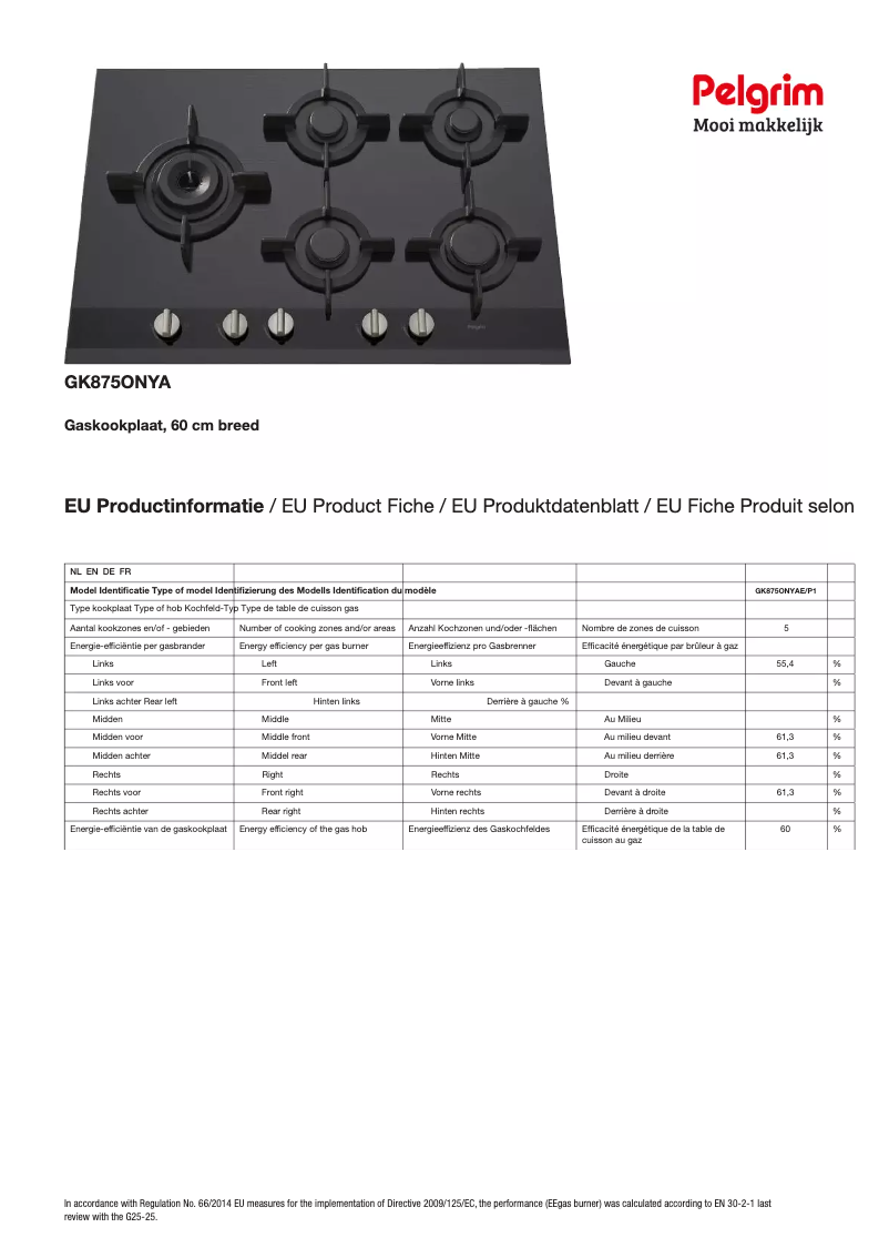 Page 1 de la notice Fiche technique Pelgrim GK875ONYA