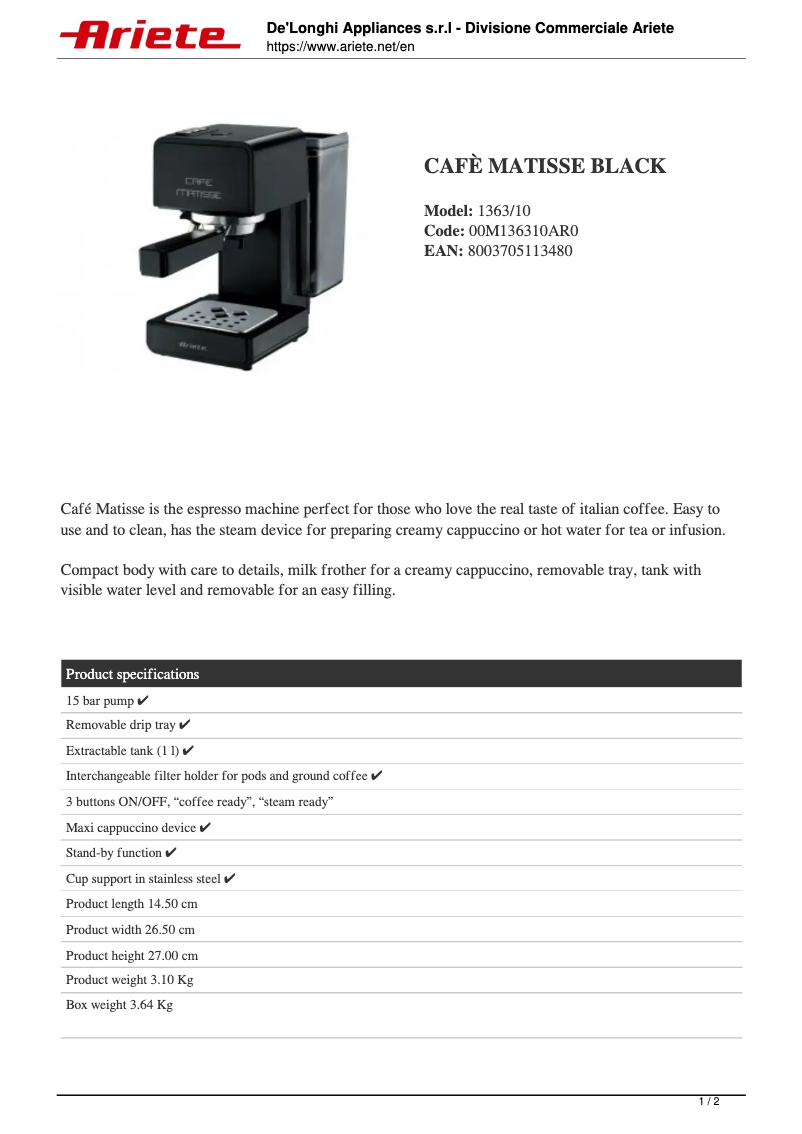 Page n°1 - Fiche technique Ariete Cafè Matisse 1363