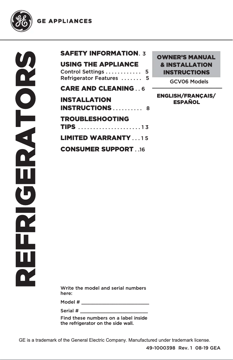 Page 1 de la notice Manuel d'utilisation et d'entretien GE GCV06GSNSB
