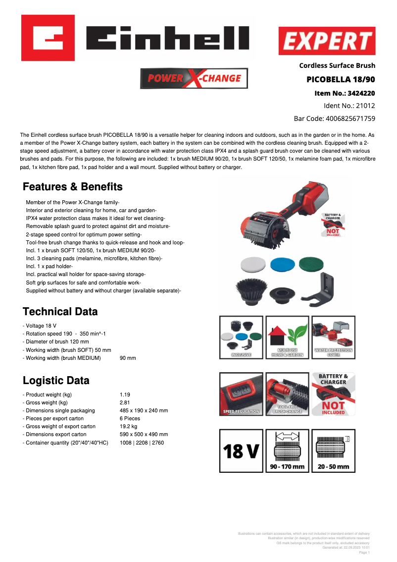 Page n°1 - Fiche technique Einhell PICOBELLA 18/90