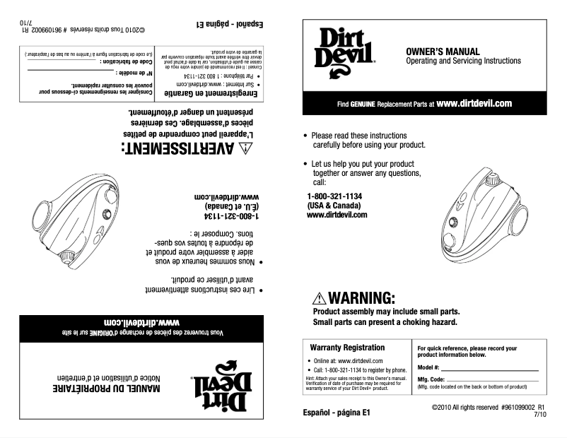 Page 1 de la notice Manuel utilisateur Dirt Devil Easy PD20020