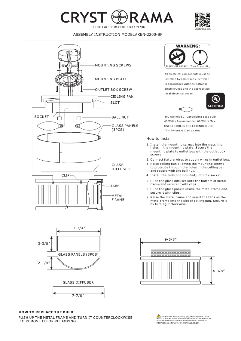 Page 1 de la notice Manuel utilisateur Crystorama Kendal KEN-2200-BF