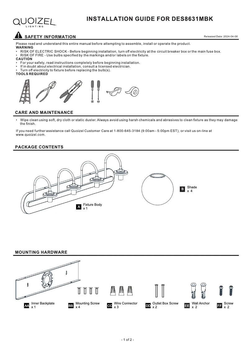 Page 1 de la notice Manuel utilisateur Quoizel Desmond DES8631MBK
