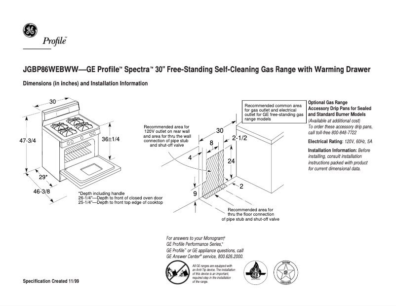 Página 1 del manual Ficha técnica GE Profile Spectra JGBP86WEBWW