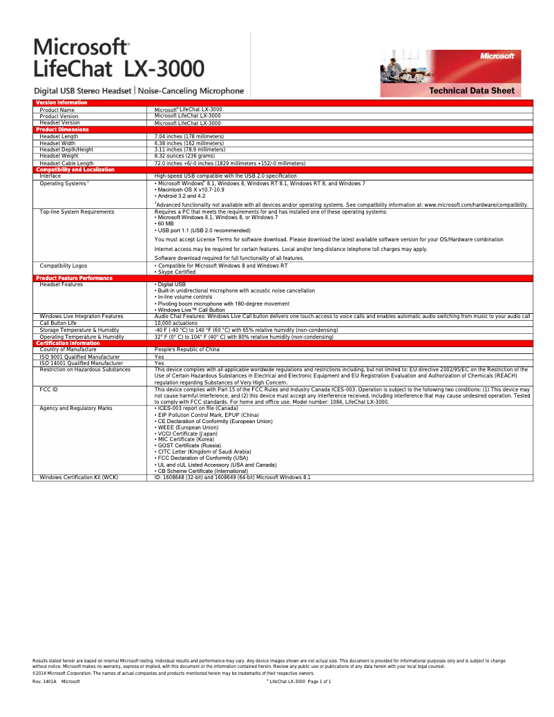 Page 1 de la notice Brochure Microsoft LifeChat LX-3000