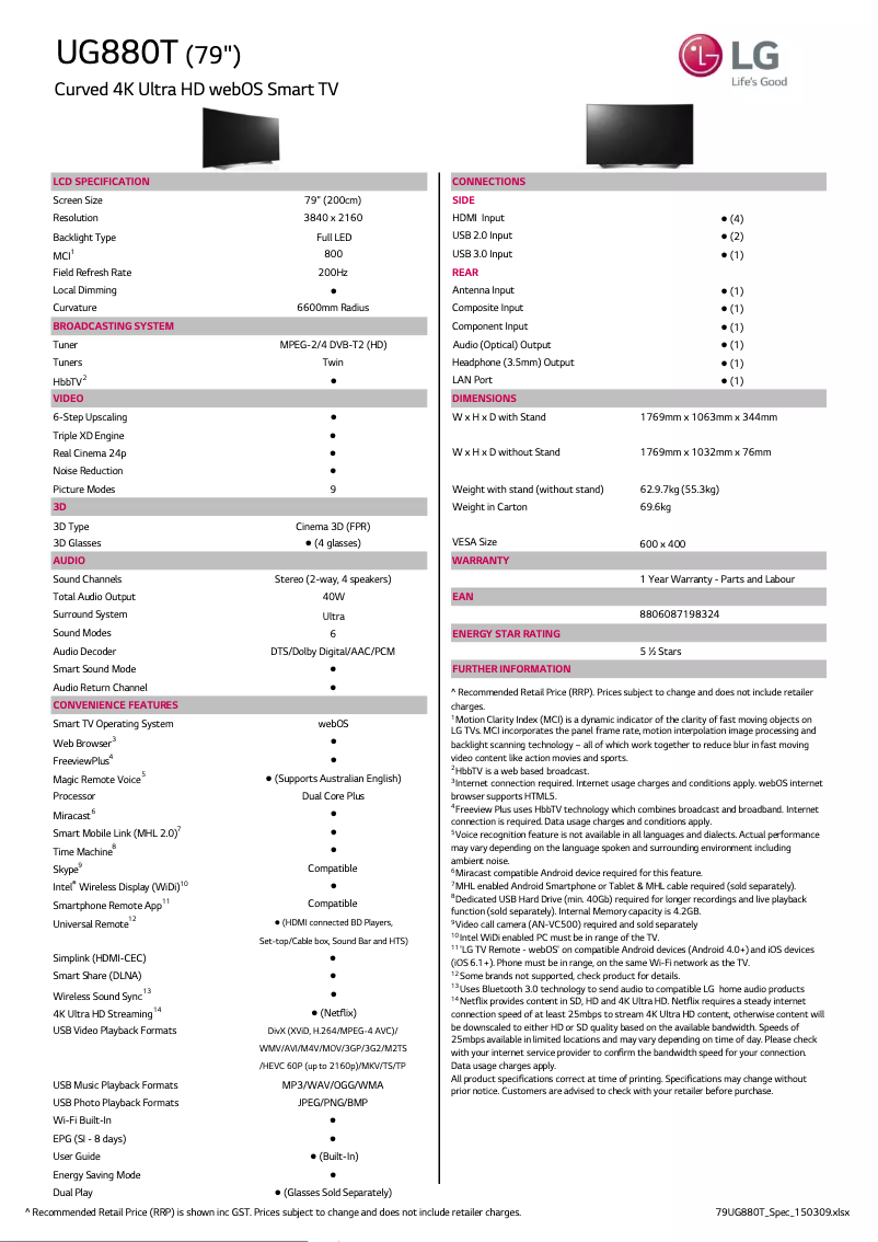 Page 1 de la notice Fiche technique LG 79UG880T