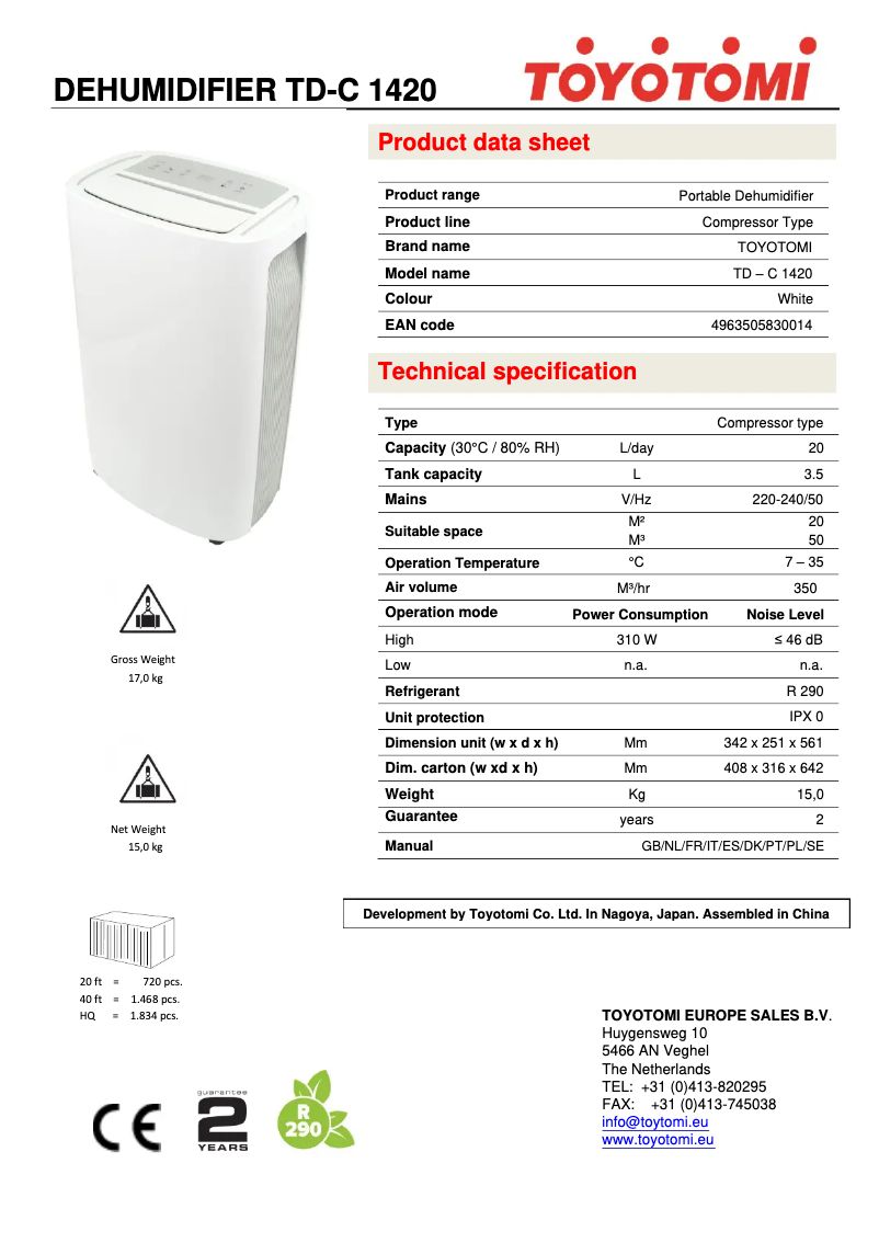Page n°1 - Fiche technique Toyotomi TD-C1420