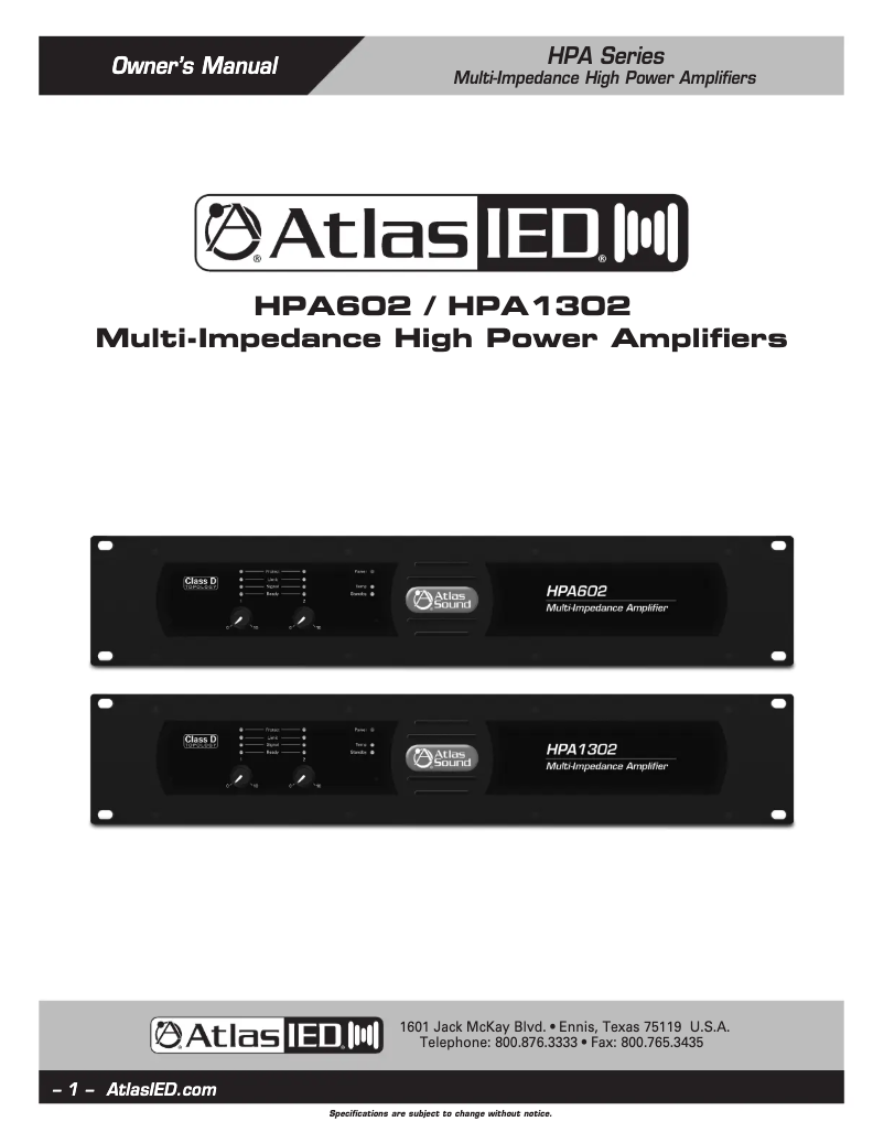 Page 1 de la notice Manuel utilisateur Atlas Sound HPA602