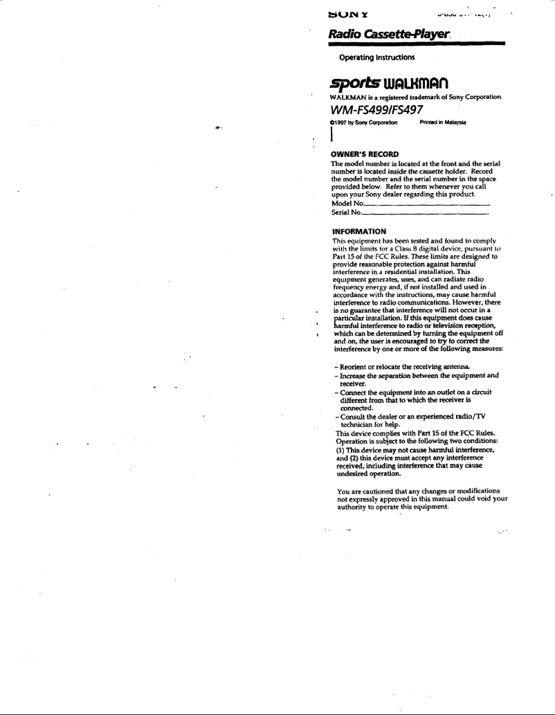 Page 1 de la notice Manuel utilisateur Sony Walkman WM-FS499
