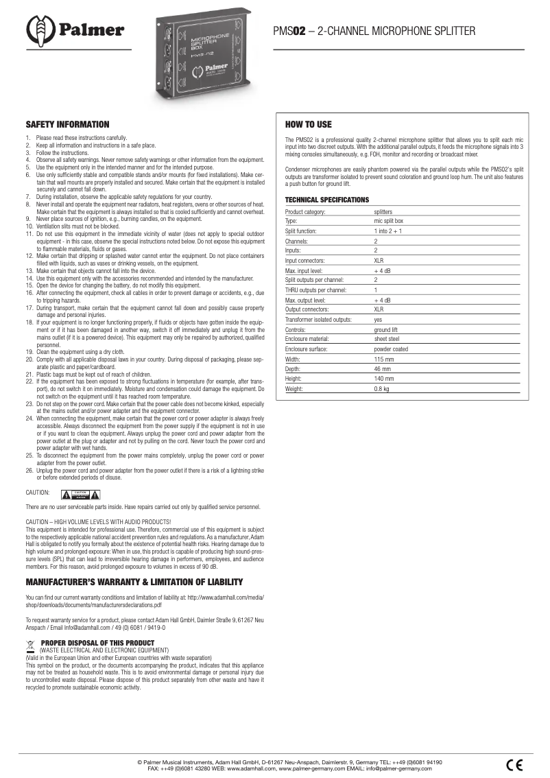Page 1 de la notice Manuel utilisateur Palmer MS 02