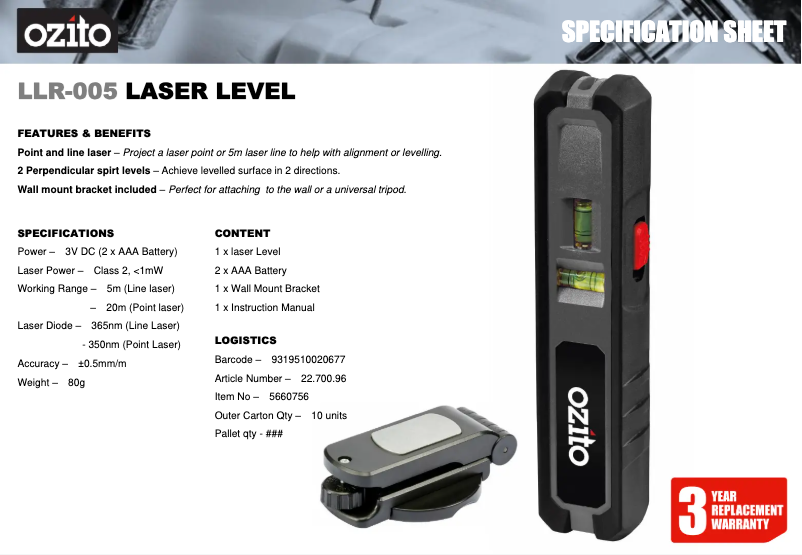 Página 1 del manual Ficha técnica Ozito LLR-005