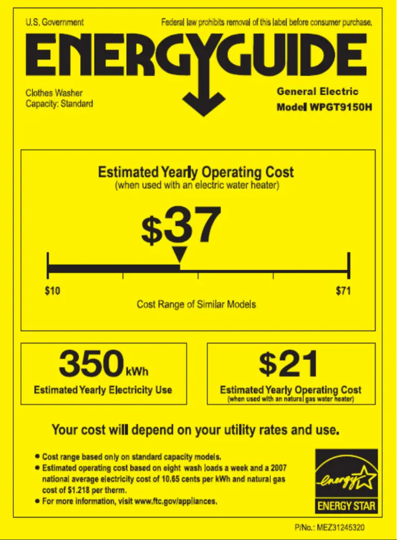 Page 1 de la notice Label énergétique GE WPGT9150HWW