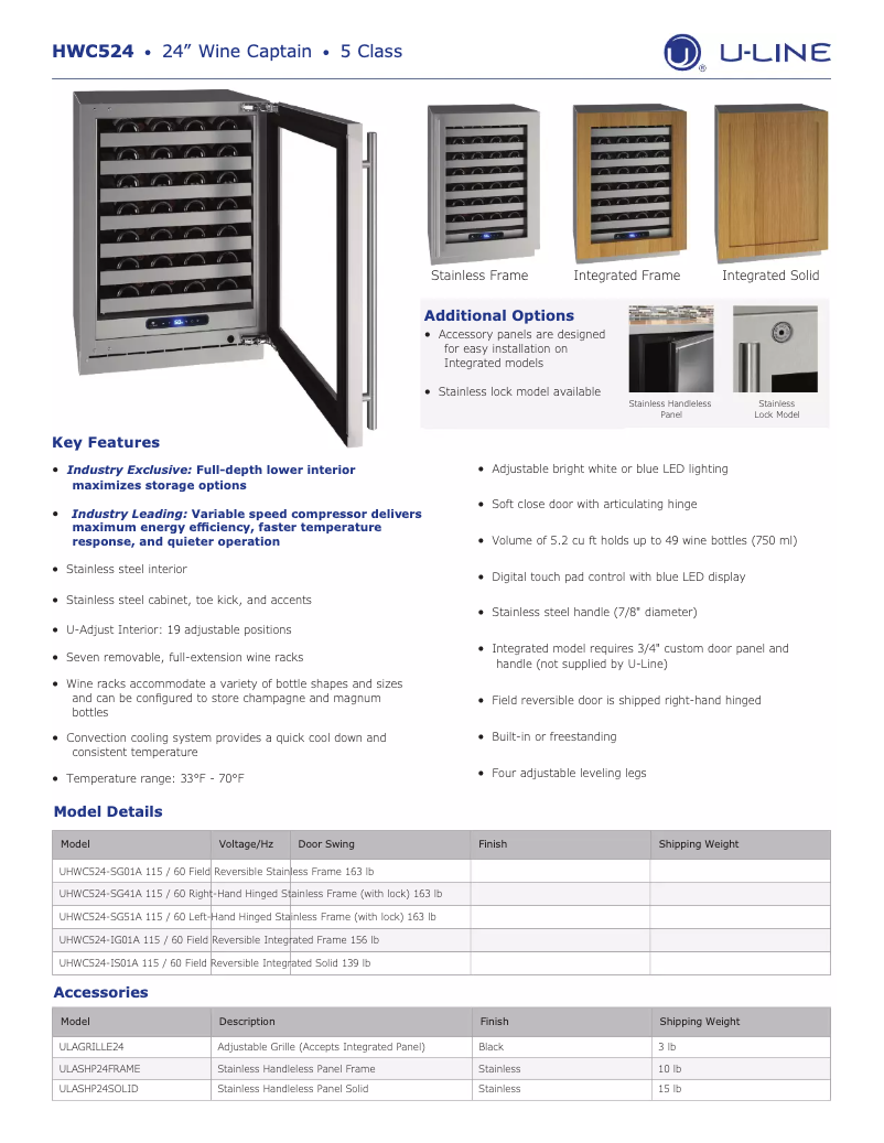Page n°1 - Fiche technique U-Line UHWC524-SG41A