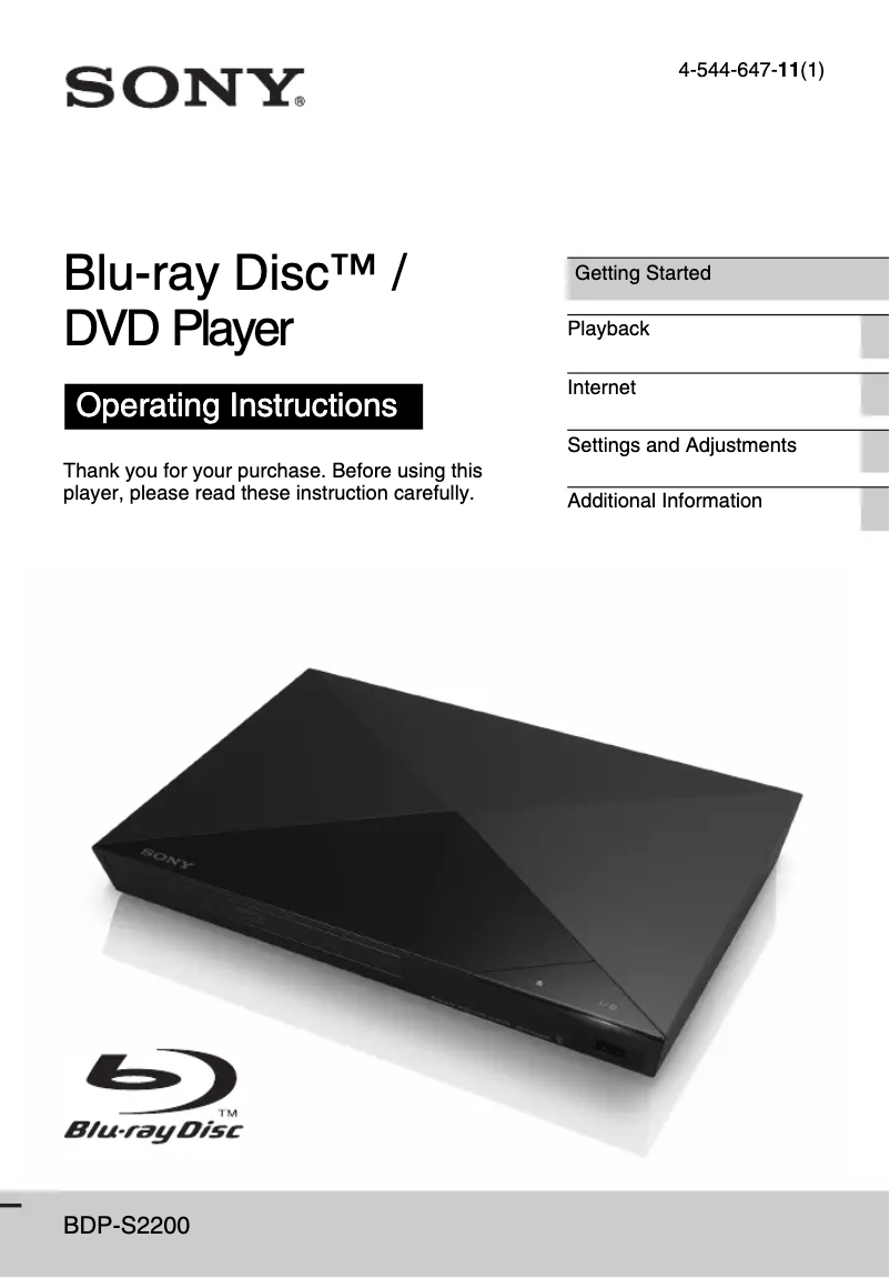 Page 1 de la notice Manuel utilisateur Sony BDP-S2200