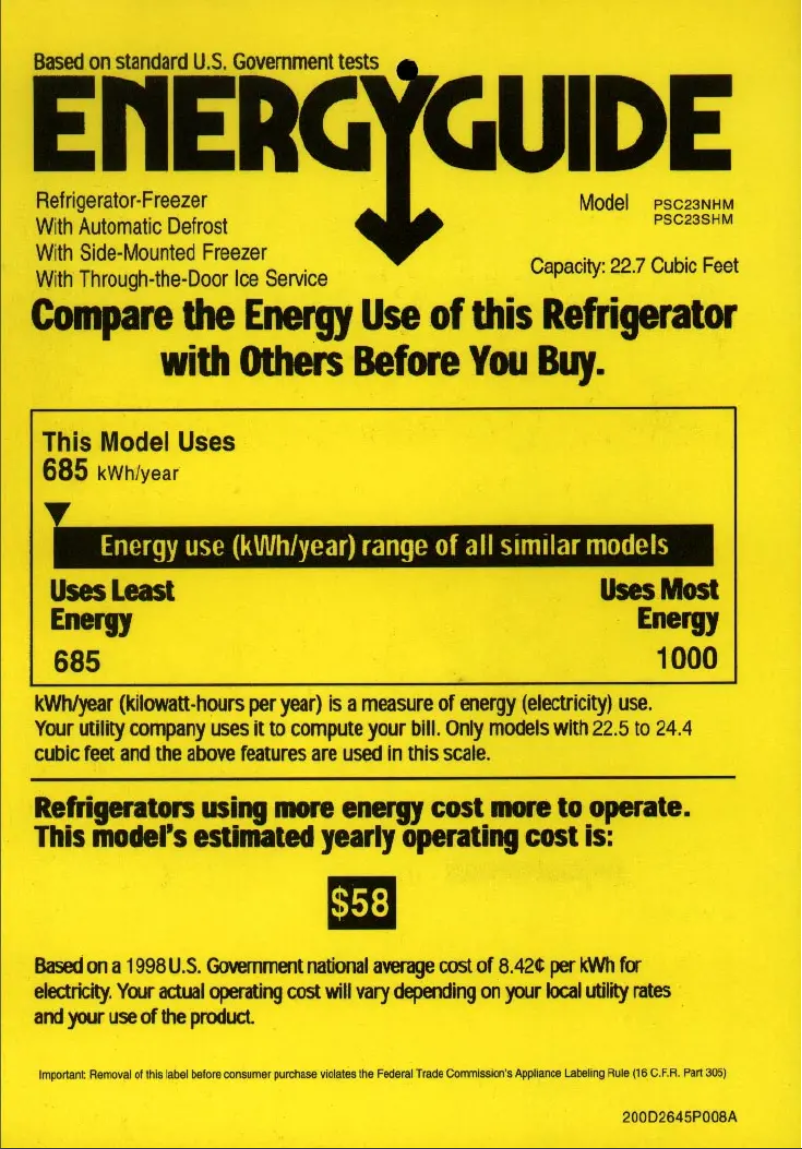 Page 1 de la notice Label énergétique GE Profile Arctica CustomStyle PSC23NHMBB